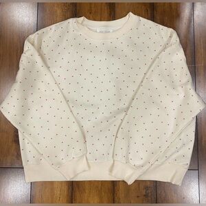 Pink Rose Cream Crewneck Sweater with Tiny Pink Heart Print